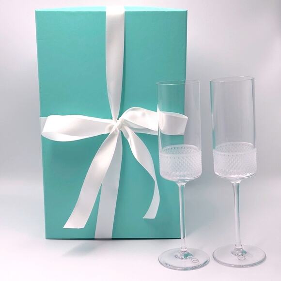 NEW Tiffany & Co. Diamond Point Crystal Champagne Glasses Flutes Set of 2 W/ Box - Picture 1 of 12